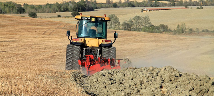 Un trattore giallo e rosso ara un campo